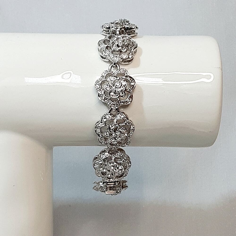 Nolan Miller Silver Tone Flower Tennis Bracelet Slide Clasp